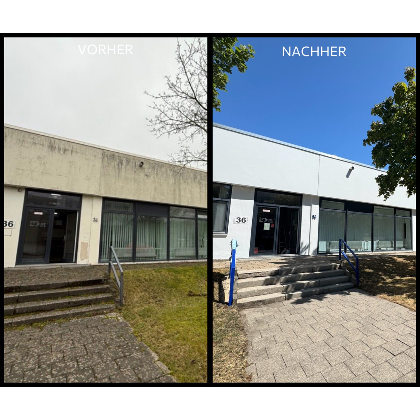 Eingangsbereich Fassade und Pflaster – Vorher/Nachher
