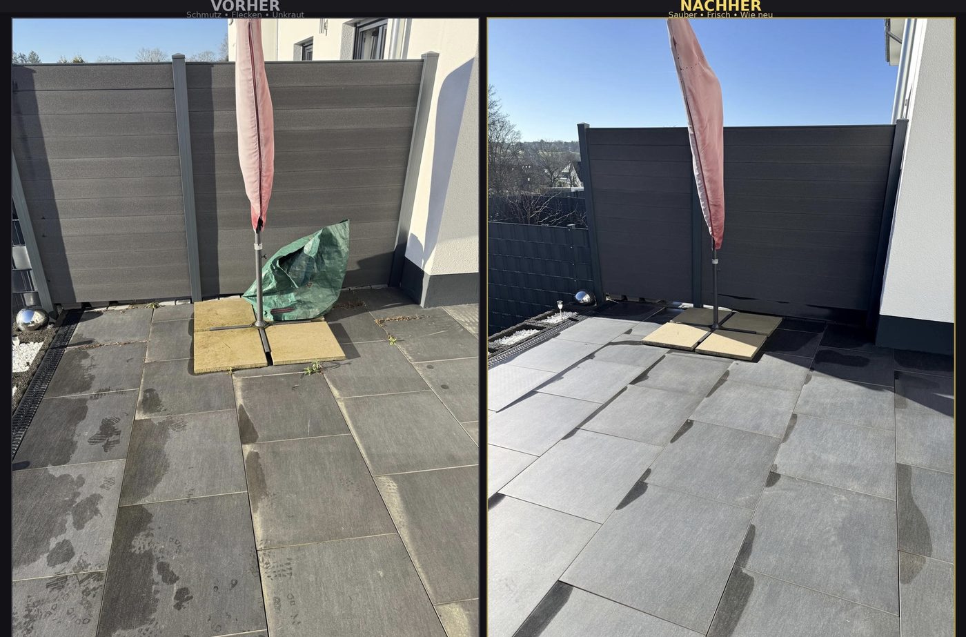 Steinreinigung Terrasse – Vorher/Nachher